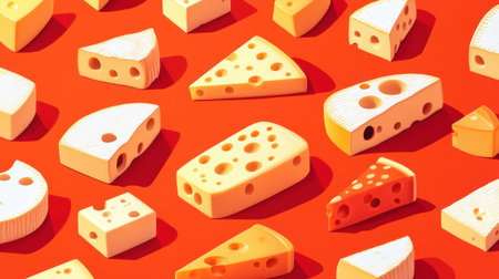 Discover a vibrant collection of various cheese types arranged artistically. This colorful representation highlights the textures and shapes of beloved dairy products.の素材