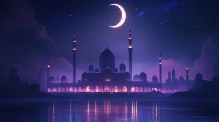 A stunning night scene featuring a majestic mosque illuminated by a crescent moon. The calm water reflects the beautiful architecture, creating a magical atmosphere filled with serenity and peace.の素材