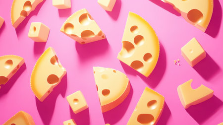 A vibrant composition featuring various playful cheese pieces scattered across a bright pink background, showcasing unique shapes and textures, ideal for culinary themes.の素材