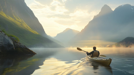 A peaceful scene of a kayak gliding through a tranquil lake surrounded by towering mountains at sunrise. Experience the beauty of nature and adventure.の素材