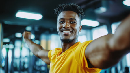A cheerful young man in a yellow shirt smiles confidently while exercising in a bright gym. His positive energy and determination inspire others to embrace fitness and wellness.の素材
