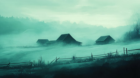 A serene misty landscape featuring rustic barns and wooden fences, creating a tranquil atmosphere. The soft fog envelops the countryside, enhancing the peaceful scenery.の素材