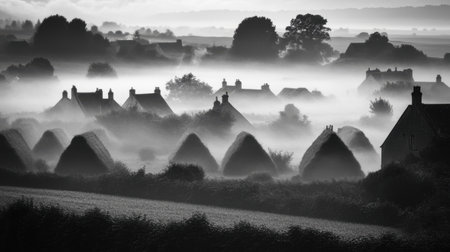 A captivating black and white image showcasing a serene village landscape enveloped in mist. The tranquility of the fog creates a magical atmosphere.の素材