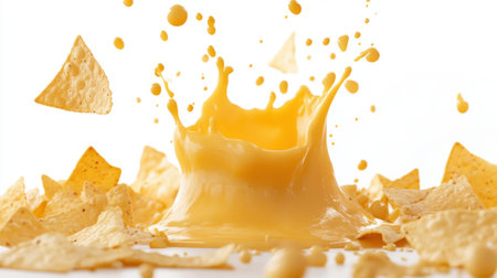 A vibrant splash of cheese sauce captures action with crispy tortilla chips surrounding it. Ideal for food photography, snacks, and culinary themes.の素材