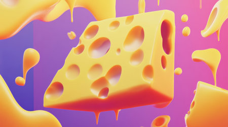 This vibrant 3D illustration showcases a slice of cheese melting against a colorful backdrop, capturing a playful essence of culinary delight.の素材