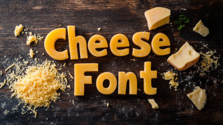 Vibrant cheese letters arranged on a rustic wooden surface with scattered shredded cheese create a playful and creative food concept ideal for culinary projects.の素材