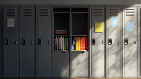 A row of modern school lockers featuring an open compartment filled with colorful folders. Sunlight casts interesting shadows, highlighting organized storage.の素材