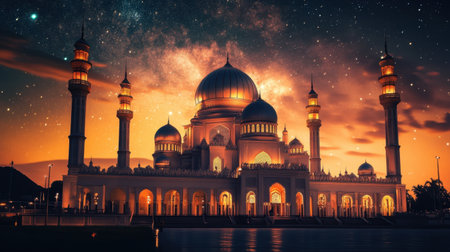 A stunning mosque silhouette at sunset with a starry sky above, reflecting beautifully in the tranquil water. The scene captures cultural and architectural beauty.の素材