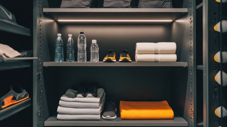 Neatly organized sports gear and fitness supplies are displayed in a modern storage unit. This image showcases efficient organization for healthier living and workout routines.の素材