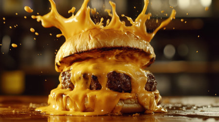 A mouthwatering burger with cheese melting and splattering, showcasing indulgence and flavor on a rustic wooden table, perfect for food lovers.の素材