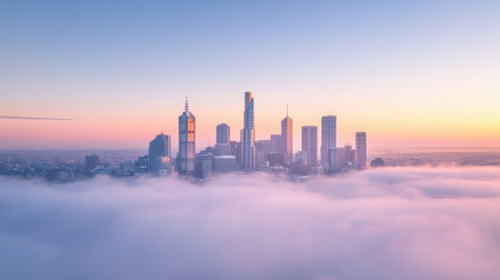 Stunning view of a city skyline at sunrise, enveloped in fog, capturing the serene beauty of Melbourne's architecture bathed in warm morning light.の素材