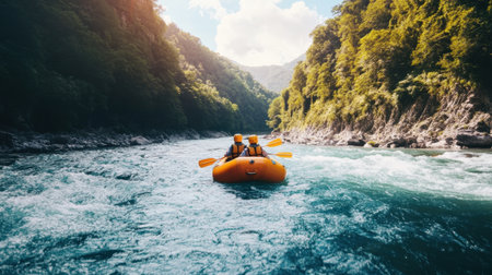 Experience an exhilarating rafting adventure on a scenic mountain river. Surrounded by lush greenery and stunning landscapes, this outdoor activity offers excitement and camaraderie.の素材