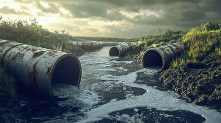 This image features rusty pipes discharging wastewater into a lush landscape, highlighting the contrast between industrial decay and natural beauty.の素材