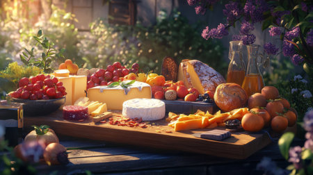 This elegant rustic cheese and fruit platter showcases a variety of fresh and colorful ingredients, perfect for gatherings, celebrations, or outdoor dining.の素材