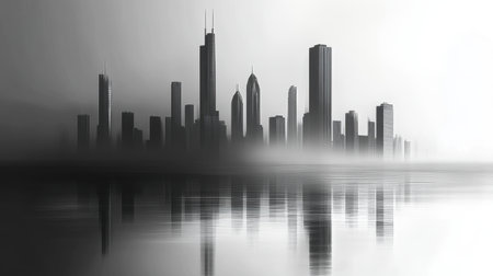 A stunning urban skyline emerges from a misty atmosphere, reflecting beautifully on calm waters. The monochrome palette evokes a sense of tranquility and minimalism.の素材