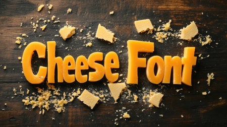 Eye-catching typography crafted from cheddar cheese pieces on a rustic wooden surface. Perfect for food-related designs, culinary contexts, and creative projects.の素材