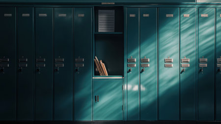 A serene view of teal school lockers with a single shelf holding books, illuminated by soft sunlight casting dramatic shadows, creating a peaceful atmosphere.の素材