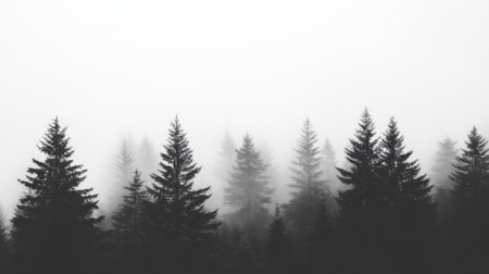 A serene misty forest landscape featuring tall pine trees enveloped in fog. The atmosphere is tranquil, showcasing nature's mysterious beauty and depth.の素材