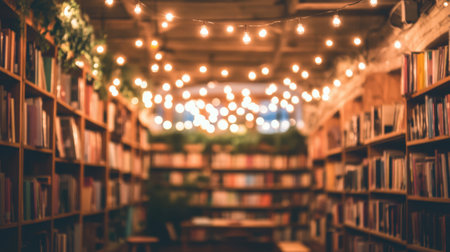 Warm bookstore interior with glowing string lights and blurred bookshelves in the background. Cozy and inviting.の素材