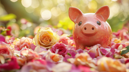 Adorable piggy bank nestled among petals and roses, celebrating love and savings on a festive occasion.の素材