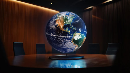 Innovative AR globe display transforms a modern conference room into a global data exchange hubの素材