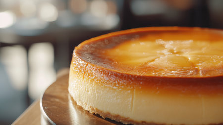 A close-up of a creamy flan on a wooden table with soft focus on the background.の素材