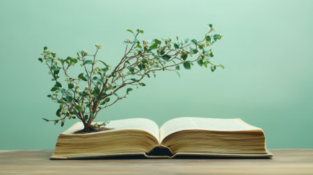 An artistic visualization of growth mindset concepts with tree branches growing from a book against a soft green background.の素材