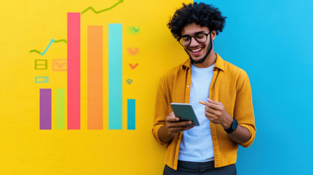 Vibrant image of a young adult managing expenses with colorful charts and free space for inspirational financial messagesの素材