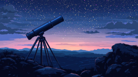 A majestic night shot of a telescope gazing upward, stars filling the horizon.の素材