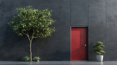 A modern architectural scene featuring a striking red door on a textured charcoal wall.の素材