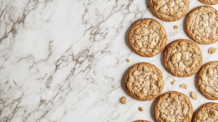 A selection of freshly baked Crumbl cookies arranged beautifully on a marble background.の素材