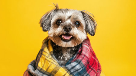 A small dog wrapped snugly in a plaid blanket, sitting happily against a bright yellow background.の素材