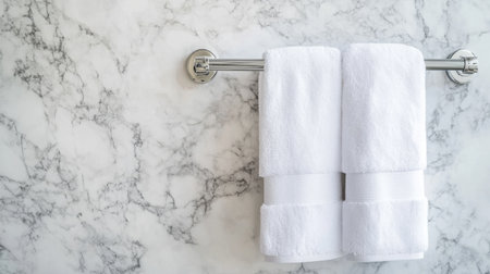 A contemporary towel rail setup with soft floral details, isolated against a marble background.の素材