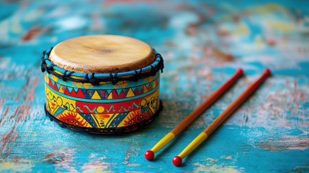A playful toy drum with vibrant patterns, accompanied by drumsticks on a soft blue surface.の素材