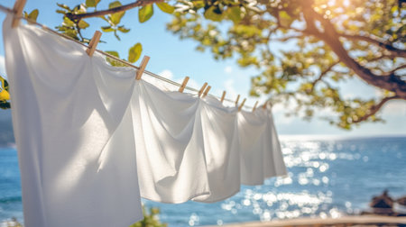 A row of clean white clothes swaying on a line, exuding freshness under the bright sun.の素材