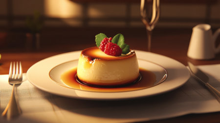 A dessert scene featuring flan on a plate with utensils and subtle kitchen ambiance.の素材