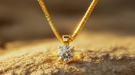 A shimmering diamond pendant on a gold chain, isolated against a warm, neutral background.の素材