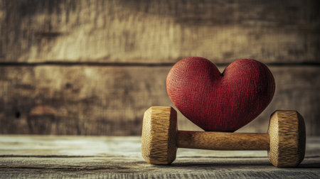 A heart-shaped object rests on a wooden dumbbell, capturing the essence of love for fitness and health. This rustic image symbolizes strength and passion in a lifestyle focused on wellness.の素材