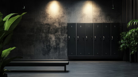 A sleek and modern locker room interior featuring dark walls and vibrant green plants. This minimalist design enhances tranquility and style in any space.の素材