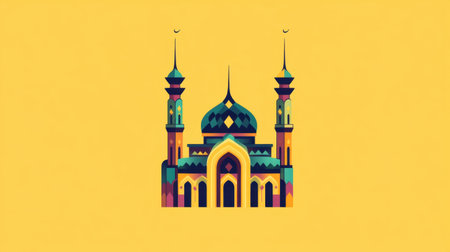 This vibrant illustration features a colorful mosque with distinct spires, set against a bright yellow background. Ideal for cultural and artistic projects.の素材