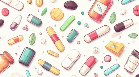 A colorful array of various pills and capsules scattered on a light background, showcasing different shapes, sizes, and colors for health and wellness themes.の素材