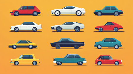 A vibrant collection of vintage cars illustrated in a playful style. The composition features various colorful models on a bright background, perfect for automotive enthusiasts.の素材