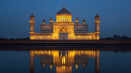 This stunning image captures a majestic monument illuminated at night, reflecting its beauty on still water. A tranquil scene showcasing architectural elegance.の素材