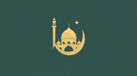 A striking golden design representing a mosque, featuring a dome, minaret, and crescent with a star. Ideal for themes of faith, spirituality, and culture.の素材