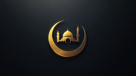 This stunning logo features a golden crescent moon cradling a mosque, symbolizing spirituality and peace against a dark background. Ideal for Islamic themes.の素材