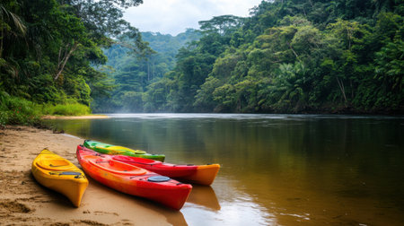 A vibrant scene showcasing colorful kayaks resting on a sandy shore, with a serene river and lush jungle backdrop, perfect for adventure seekers.の素材