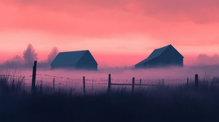 Captivating farm landscape at dawn, featuring two silhouetted barns amidst a mystical mist. A peaceful rural setting that evokes tranquility and beauty.の素材