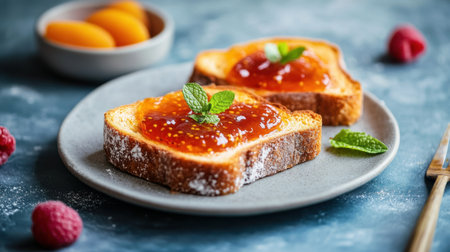 Toast with raspberry and apricot jam, garnished with mint leaves, professionally styled on a table.の素材