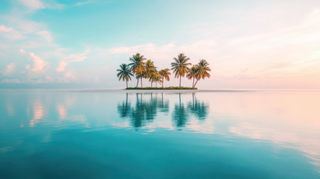 Experience the tranquility of a serene tropical island with palm trees reflecting in crystal-clear water, under a bright and peaceful sky.の素材
