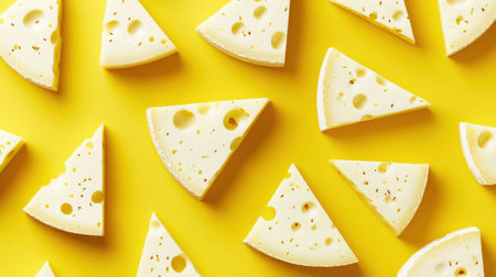 Fresh slices of cheese arranged in a playful pattern on a bright yellow background. Perfect for food photography, culinary blogs, or creative presentations.の素材